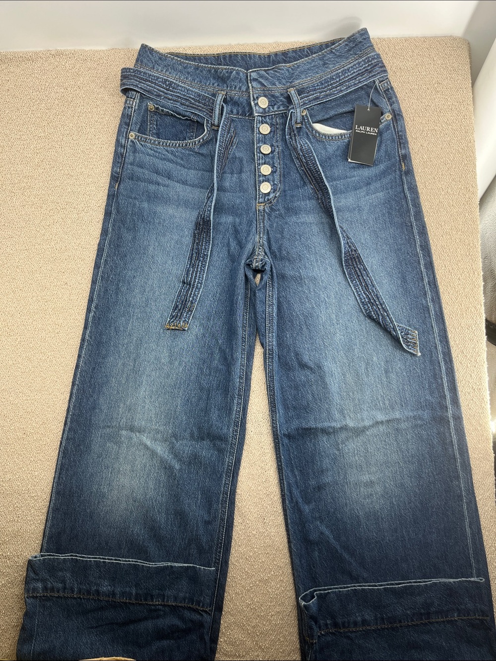 Lauren Ralph Lauren Medium Blue High-Rise Wide-Leg Jeans with Self Tie Belt